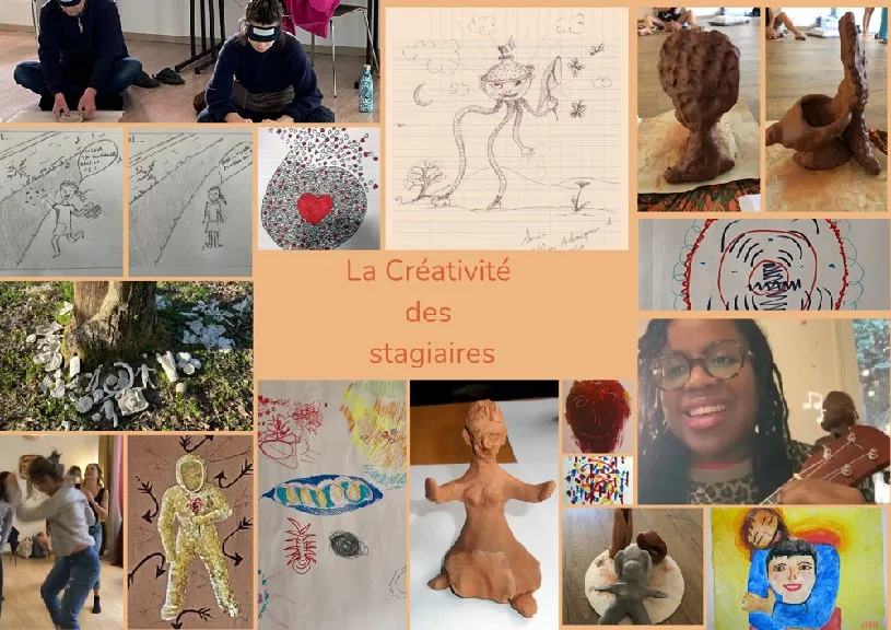 Collage « La Créativité des stagiaires » : dessins, sculptures en argile, masques, peintures et stagiaires en atelier